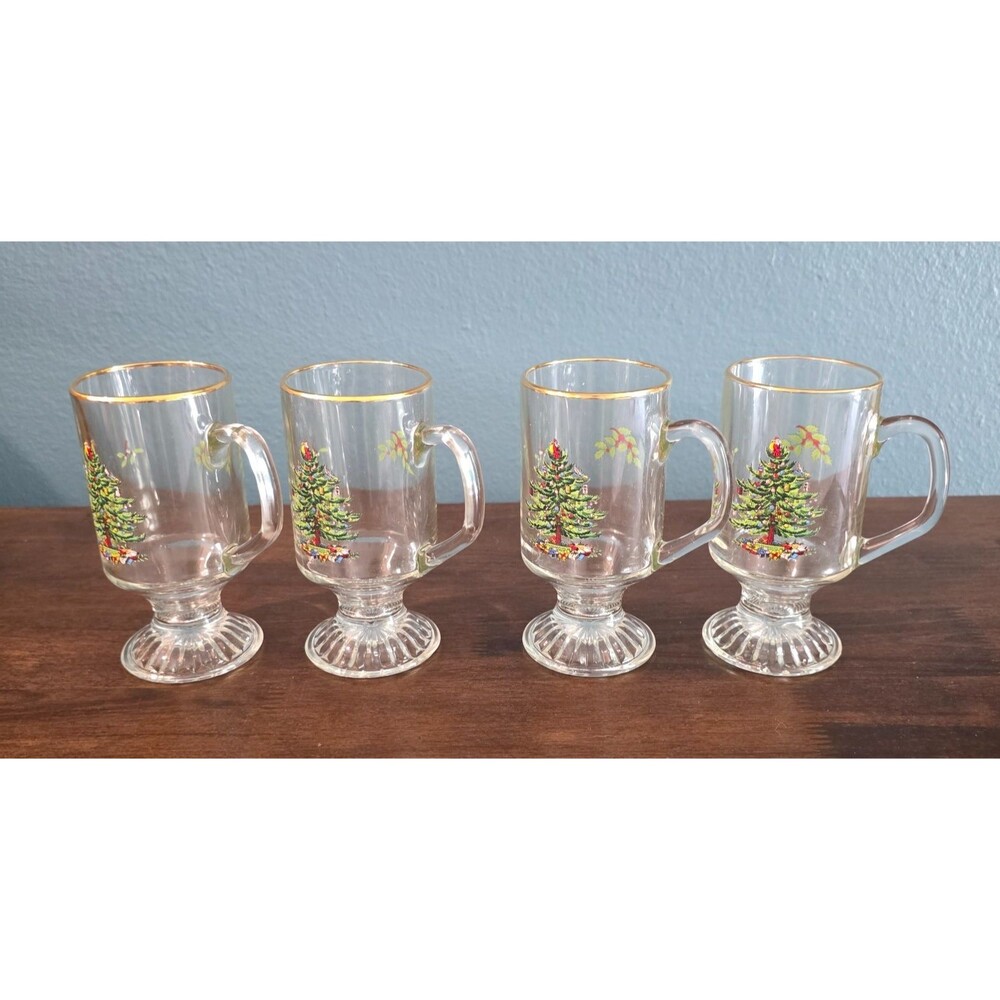 4 Vintage Spode Pedestal Stem Glass Irish Coffee Mugs Christmas Tree Gold Rim